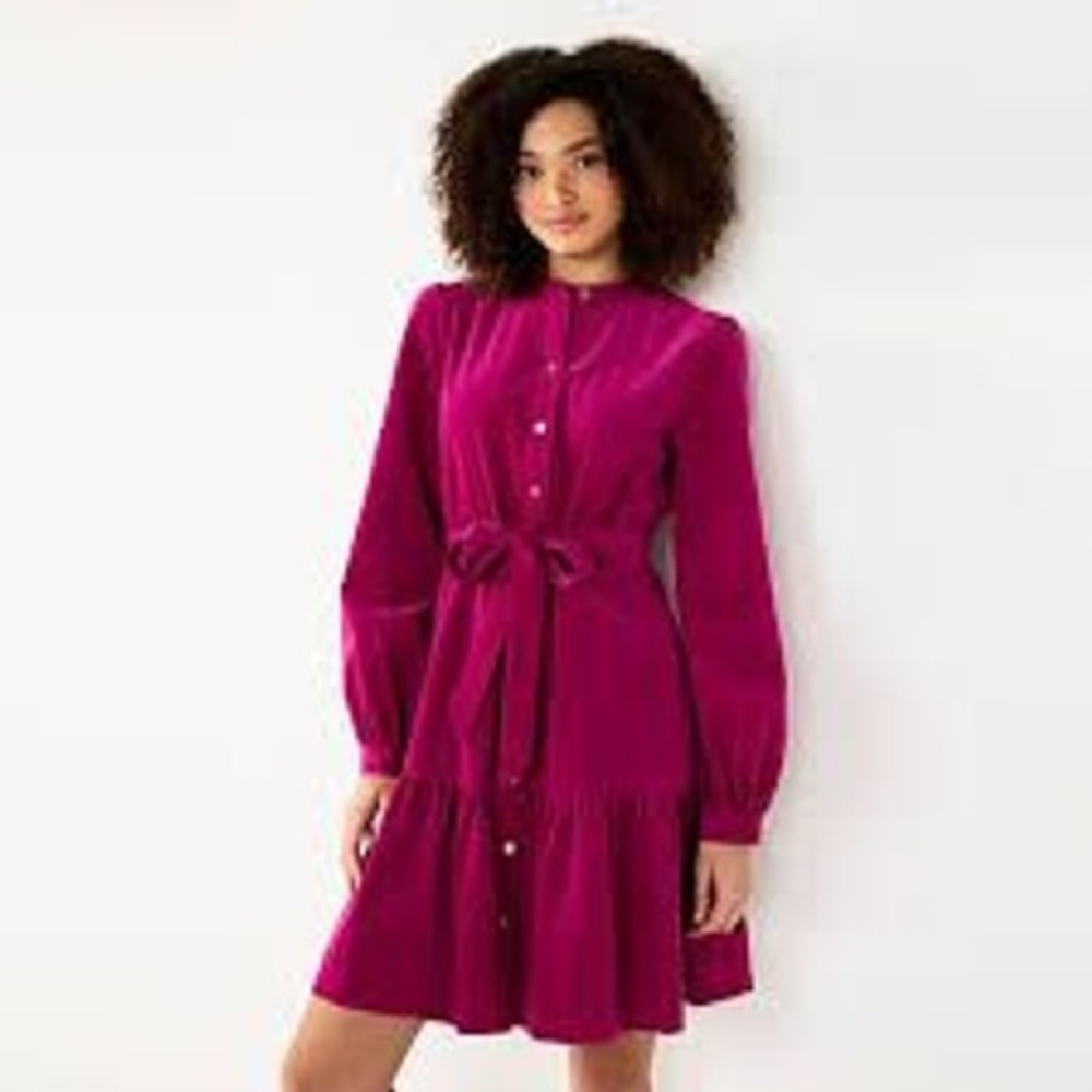 Draper James RSVP Magenta Pink Corduroy Tiered Shirt Dress Plus Size 2X Belted